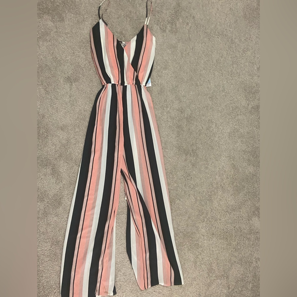 J for Justify Striped Romper in Pink, White, Black and Green